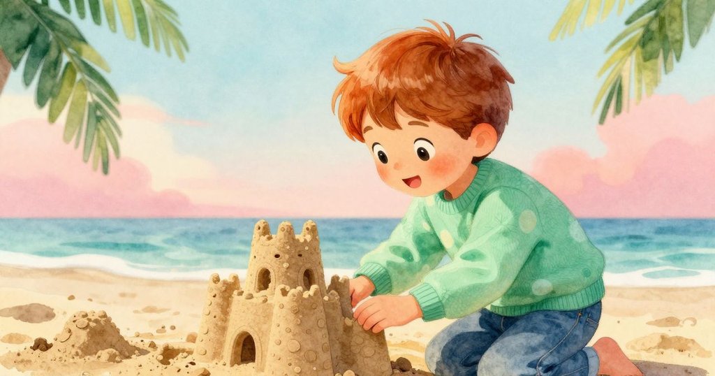 孩子彎腰仔細觀察沙堡，陽光柔和映出沙粒細節，神情充滿探索與溫暖情懷