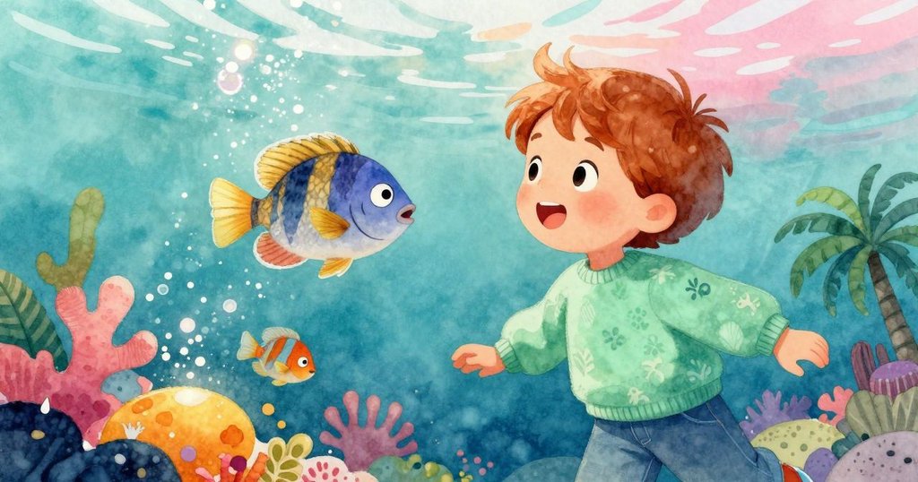 水下視角中小魚悠遊向上，眼神好奇地望向上方孩子剪影，水面光影閃爍交織