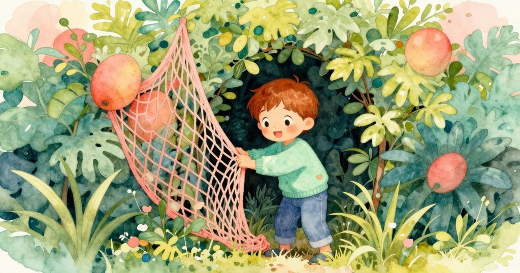 孩子在茂密樹籬後發現隱秘角落，輕觸懸掛網狀物，臉上流露出滿足好奇與細膩驚喜