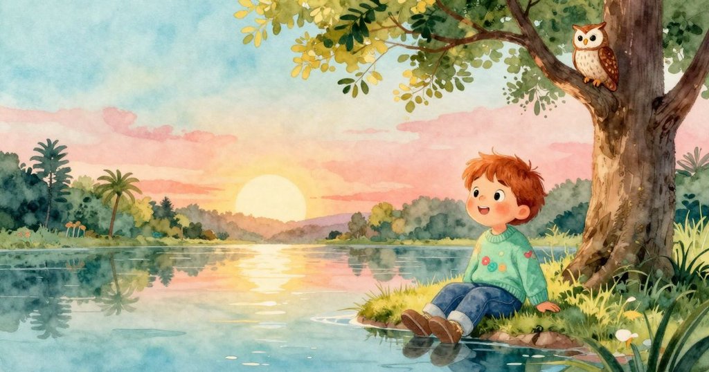 孩子靜坐在閃爍池塘邊，望著高枝橡樹上安坐貓頭鷹，表情沉靜思索，黃昏光影柔美流轉