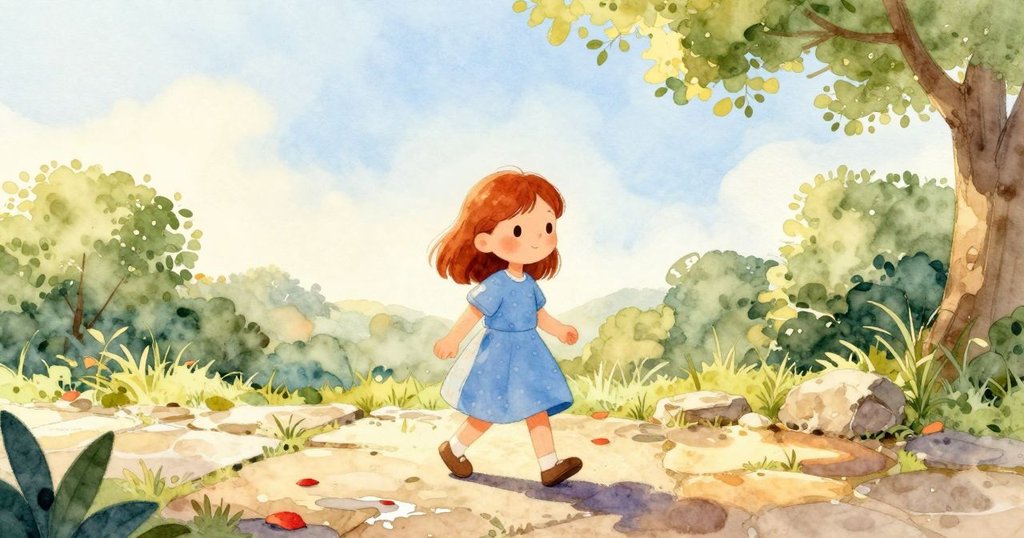 諾拉在清晨沿著石板路散步，紅葉圍繞著小水坑，環境充滿溫暖的晨光和大自然氣息