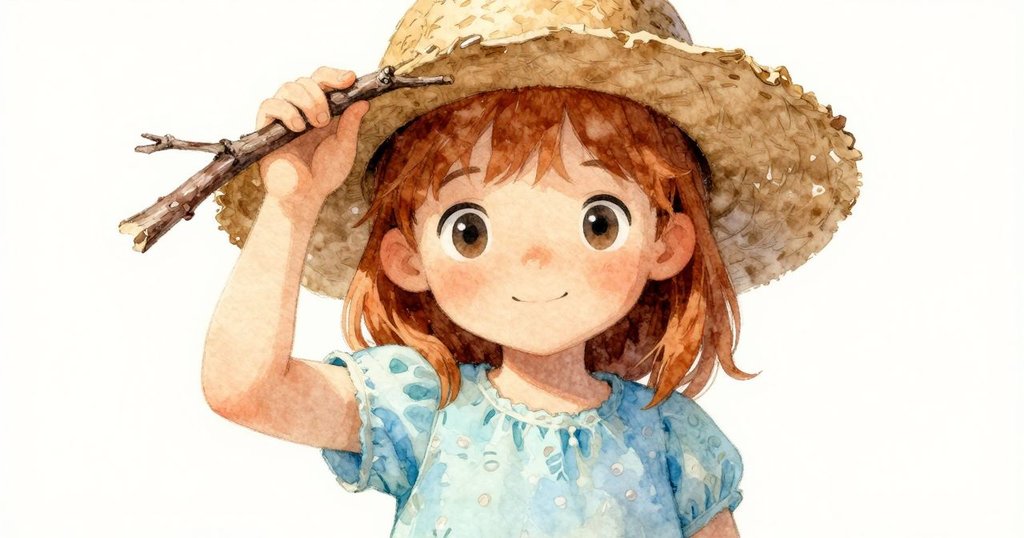 諾拉彎下身子，用短棍輕敲帽緣，粗糙的枝條部分遮住她的手，細節清晰、充滿緊張感