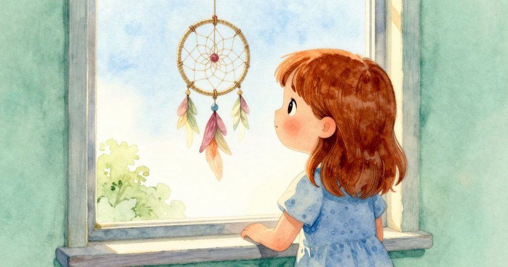 諾拉透過微開的窗戶向外望，看到掛在籬笆上的小夢捕，室內外光線交融，表情平靜