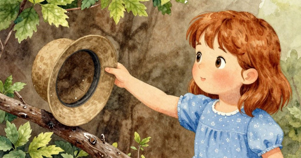 諾拉的手輕觸濕潤粗糙的枝條，一頂失落的帽子從枝後隱約顯現，營造神秘氣氛