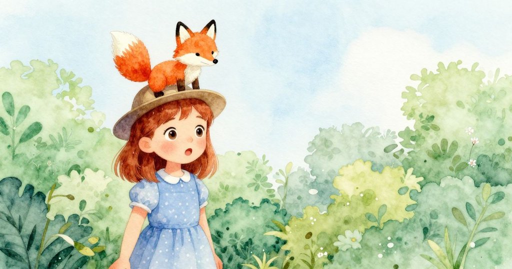 諾拉驚喜地看著帽子裡冒出一隻小玩具狐狸，上面有小標籤和細微刻痕，場景充滿自然細節