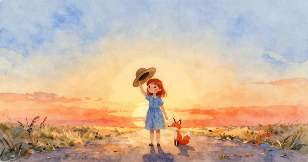 諾拉在夕陽溫暖光芒中提著帽子和小狐狸，邁步走離枝條遮擋的戶外，臉上露出滿足的微笑