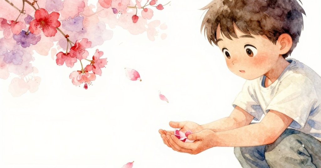 凱恩伸出手臂迎接粉紅花瓣，細膩特寫捕捉其驚喜與柔和自然光線，充滿靜謐情懷