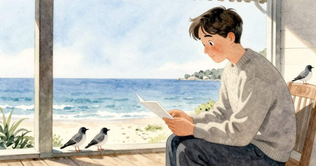 成年的人物於窗邊露台靜觀水鳥，筆記本隱約可見，柔光中展現溫馨安然之態