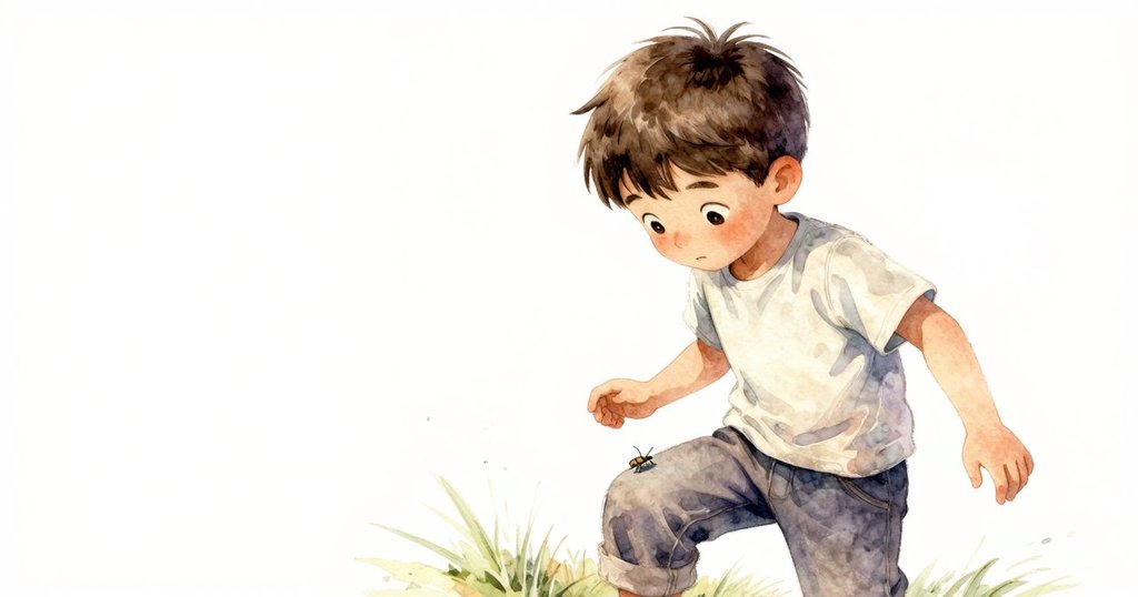 凱恩在戶外微笑反應，一隻小甲蟲爬上膝蓋引起輕微顫動，充滿驚喜與趣味動感