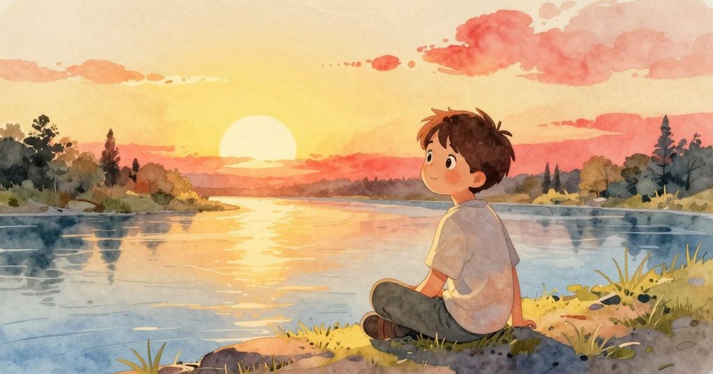 凱恩坐於日落河畔安靜沉思，鞋上小石堅持存在，夕陽餘暉映出溫暖寧靜收尾氣氛