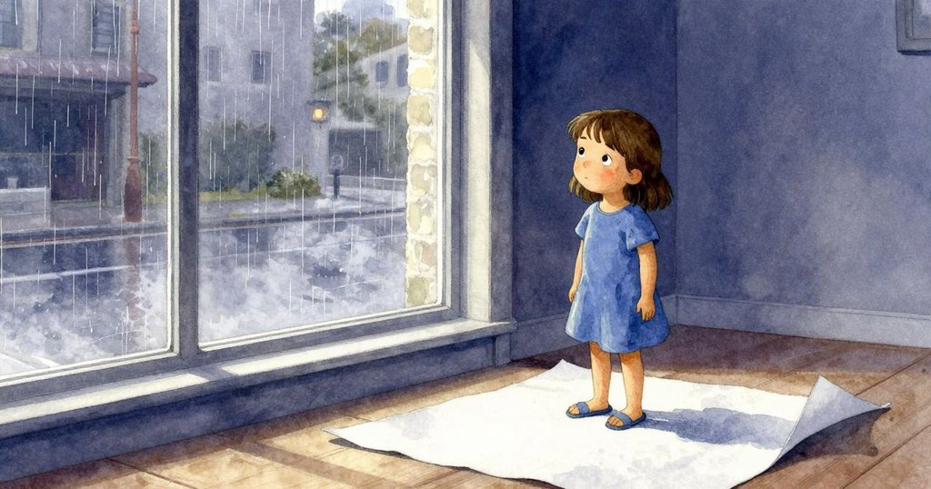 艾塔坐在室內墊子上，好奇地望向因微掀紙角映出的雨中街景，充滿期待，開啟故事序幕。