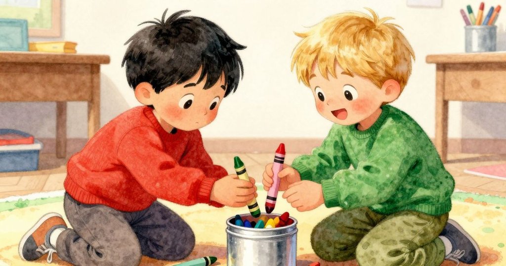 同學們專注用手交換紅藍綠蠟筆，溫馨室內中傳遞創造樂趣，情緒輕鬆活潑，故事逐步展開。