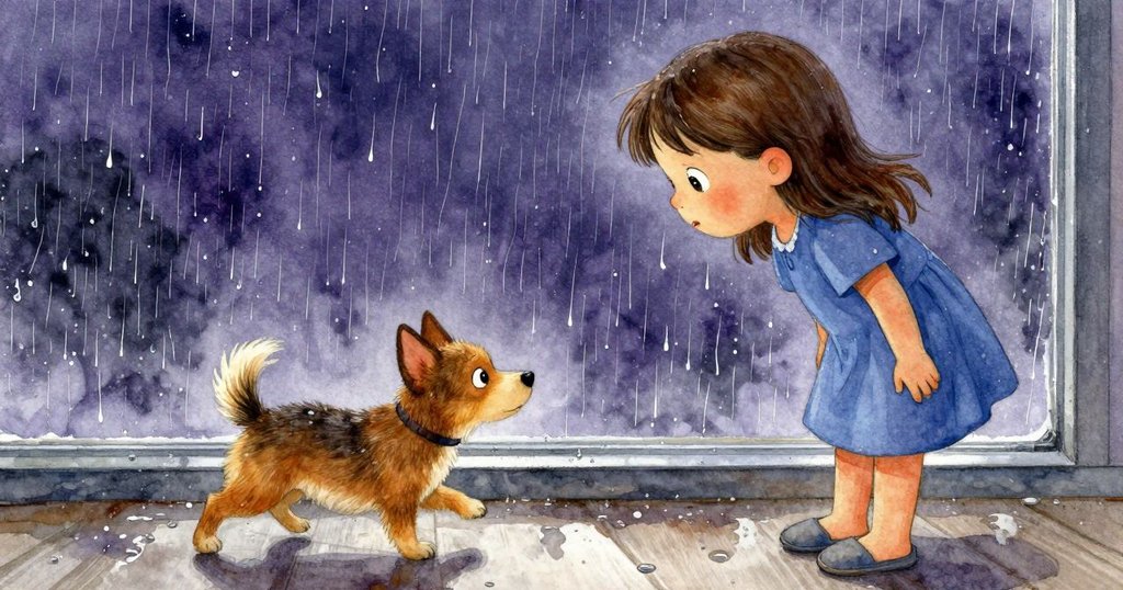 艾塔透過高大玻璃窗觀察小狗在雨中街道上奔跑，玻璃上水滴閃爍，表情充滿驚喜與好奇。