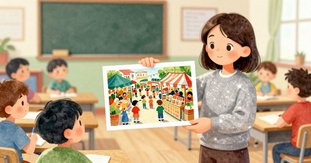 老師在繁忙教室中展示印有熱鬧市集和太陽的明信片，同學們聚精會神，點燃了無限想像力。