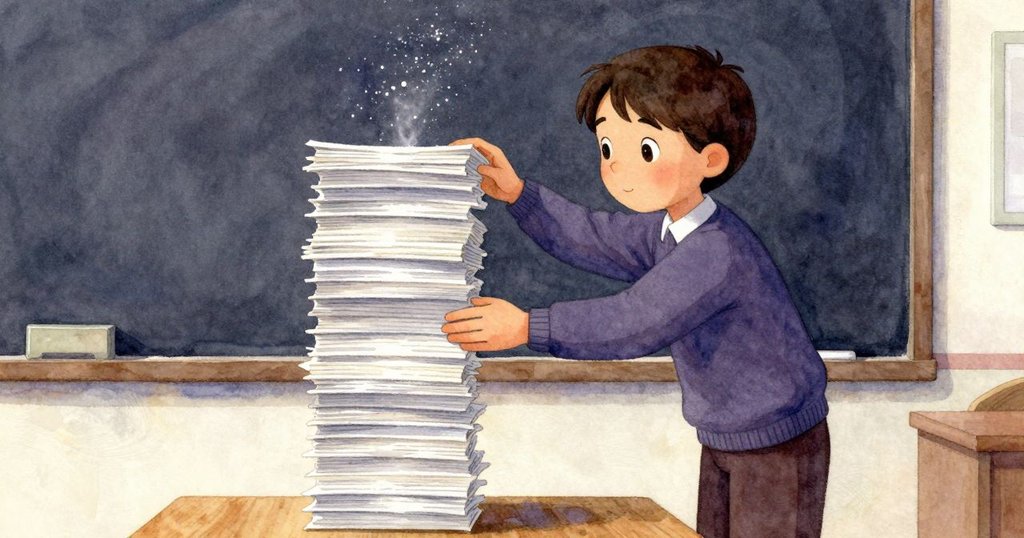 老師迅速扶住桌邊搖晃的紙堆，粉筆灰輕飛中展現緊張與溫柔，情節達到小高潮。