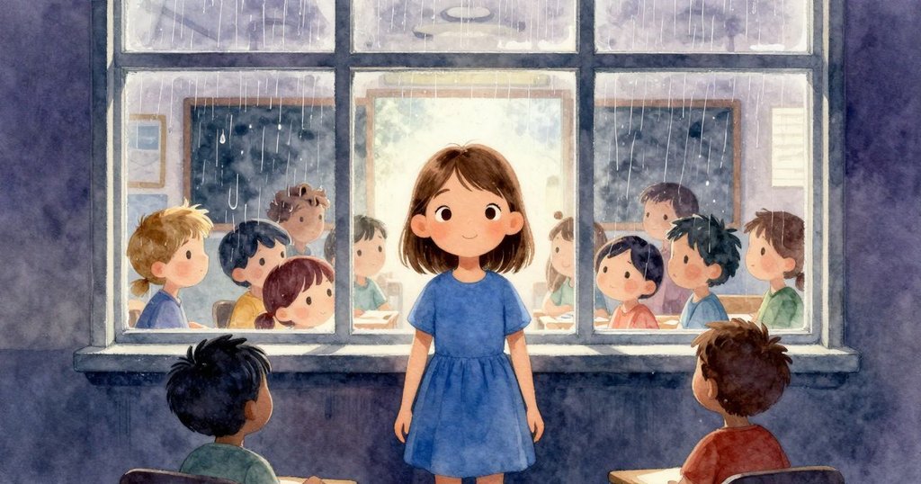 小女孩Ingrid走向窗戶,與教室中其他孩子和老師一起觀察下雨情景,表情充滿期待,展現早晨溫暖氣氛
