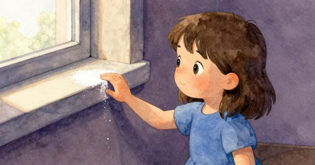 小女孩Ingrid伸手觸摸窗台上的粉筆塵,近距離展現細膩質感及窗外微光,神情中流露好奇