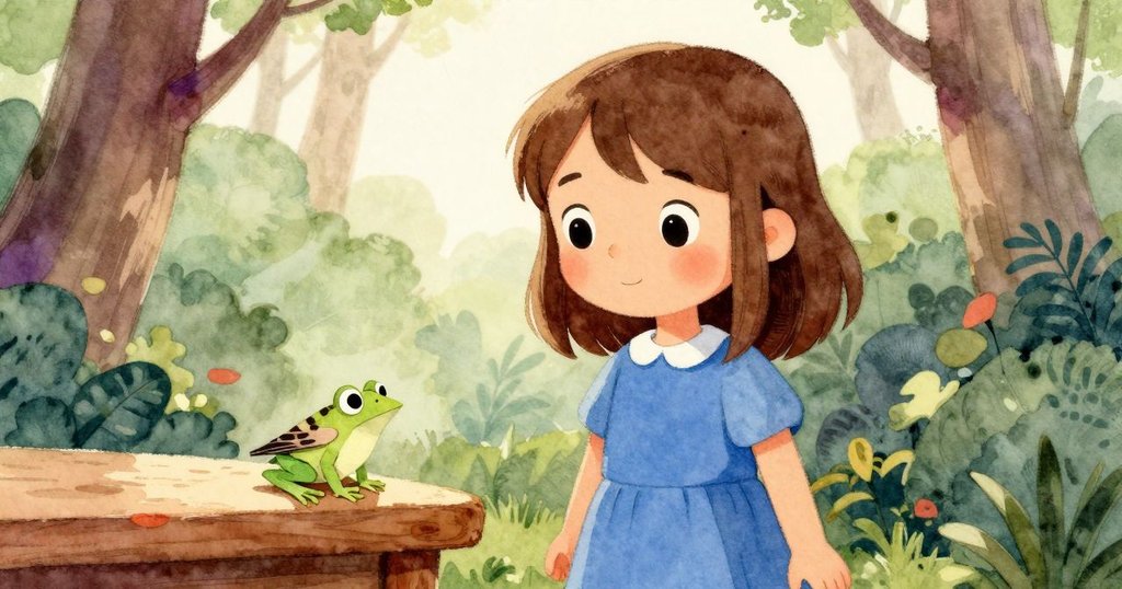 窗外小麻雀視角看見紙青蛙從桌上滑落,Ingrid在窗內注視,帶來一絲俏皮和好奇的氛圍