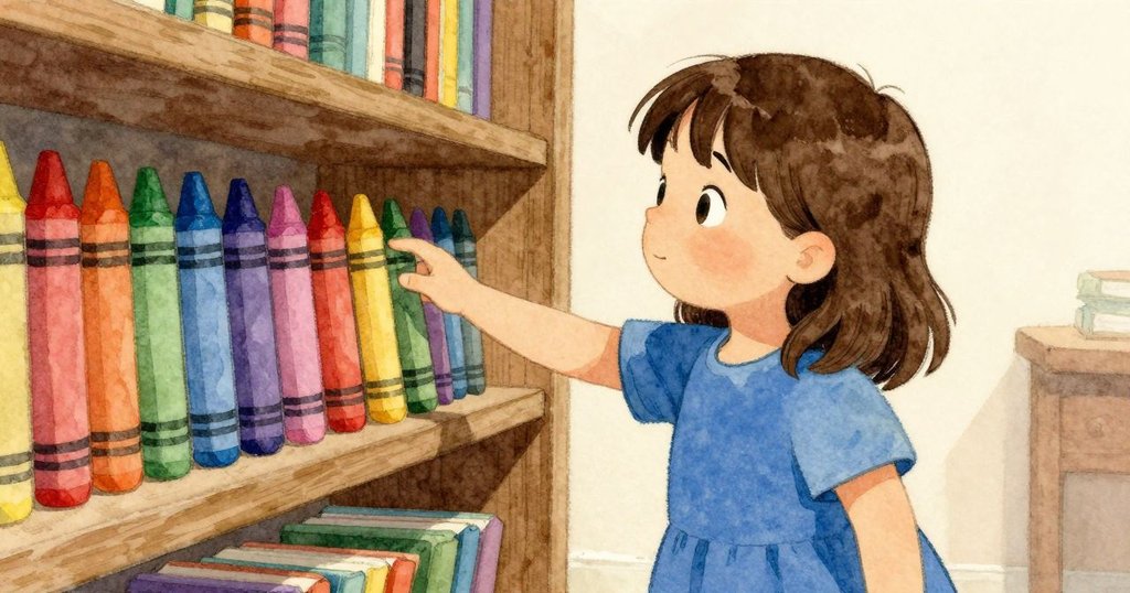 小女孩Ingrid走向充滿創意的書架角落,觸碰亮色蠟筆,背景有鮮豔粉紅海報與按鈕盒,營造溫馨氛圍