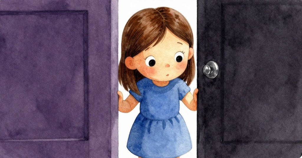 小女孩Ingrid彎身從書架上狹窄的縫隙中探看,臉上充滿堅定與好奇的神情,展現探索精神