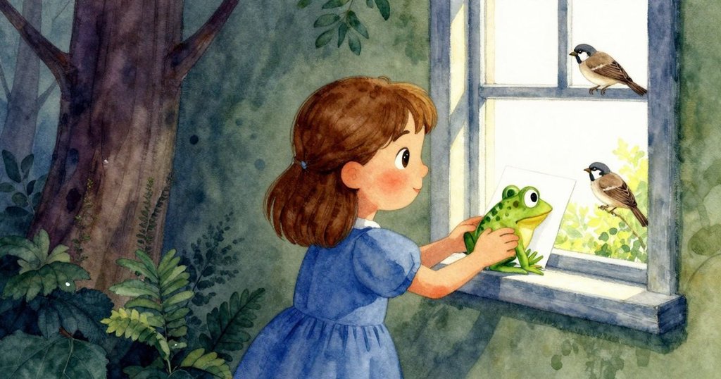 小女孩Ingrid輕輕接住從桌上滑落的紙青蛙,窗外麻雀專注注視,明亮光線構成一個溫馨魔幻的禮物交換瞬間