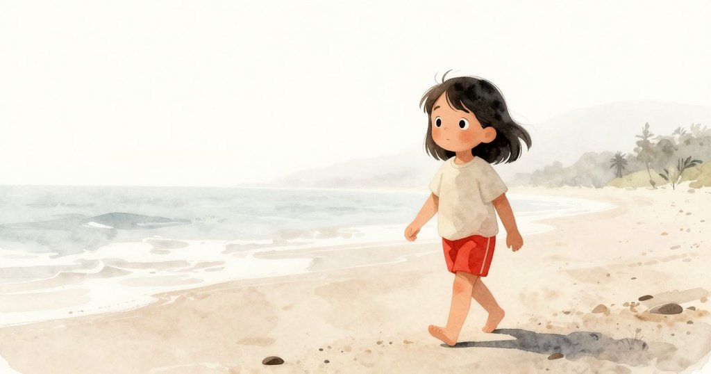 Petra 走在海邊, 清晨薄霧中, 陽光溫柔灑落, 臉上流露出好奇與平靜, 海灘風光宜人