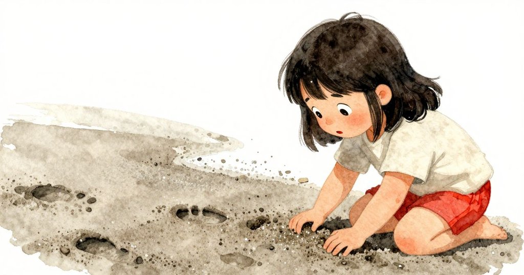 Petra 彎腰輕觸閃光濕沙, 觀察留有野餐碎屑與足跡, 畫面聚焦質感細節, 表情充滿探索精神