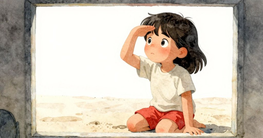 Petra 用手遮擋刺眼陽光, 膝蓋著地, 從海邊建築窗透視遠處家長, 表情展現專注與疑惑