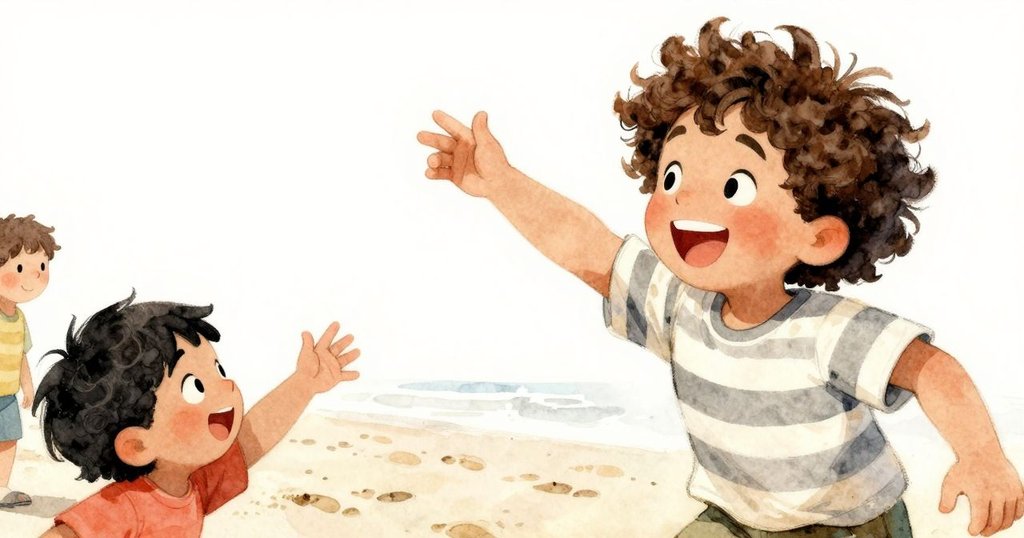 另一孩子興奮喊叫, 手勢生動, 周圍散落腳印, 沙灘上充滿驚喜與期待, 氣氛突顯緊張瞬間