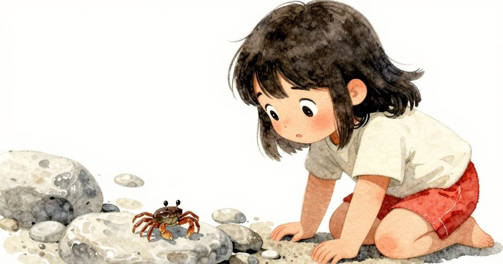 Petra 輕俯身注視一隻小螃蟹在石間穿梭, 細沙覆蓋逐漸消逝的腳印, 氣氛詩意且富象徵意義