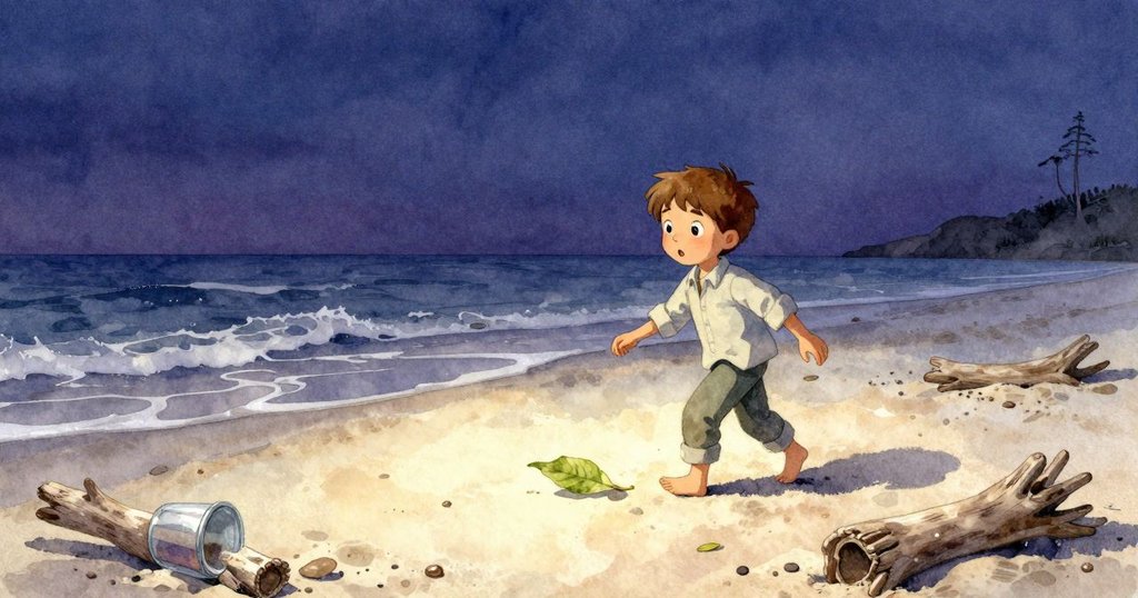 在晨曦中，Theo踏上沙灘，注意到飄動的樹葉、枯木和斑駁玻璃罐，展現出好奇與期待的情感。