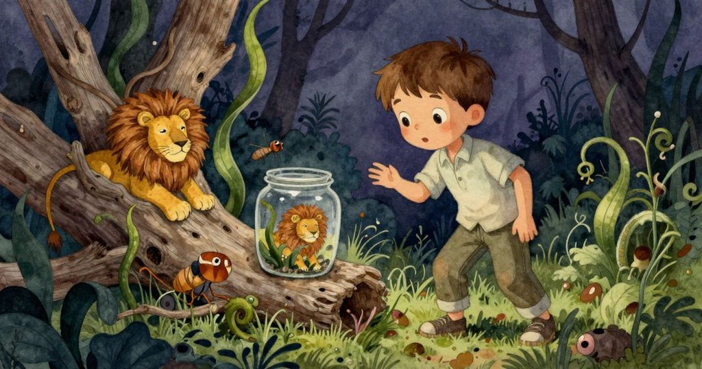 從小生物視角看，漂流木上呈現獅子圖案，旁邊乾海藻捲曲，玻璃罐緣邊冒泡，細節豐富且充滿生機。