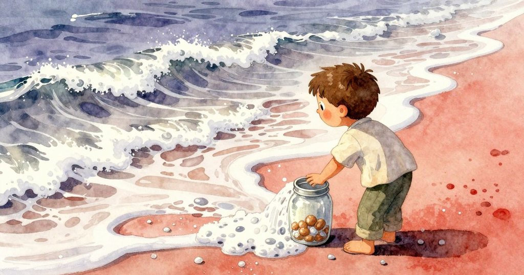 從高處視角看，Theo遮眼觀察海浪與泡沫在玻璃罐上形成小瀑布，展現出凝重與詩意的瞬間。