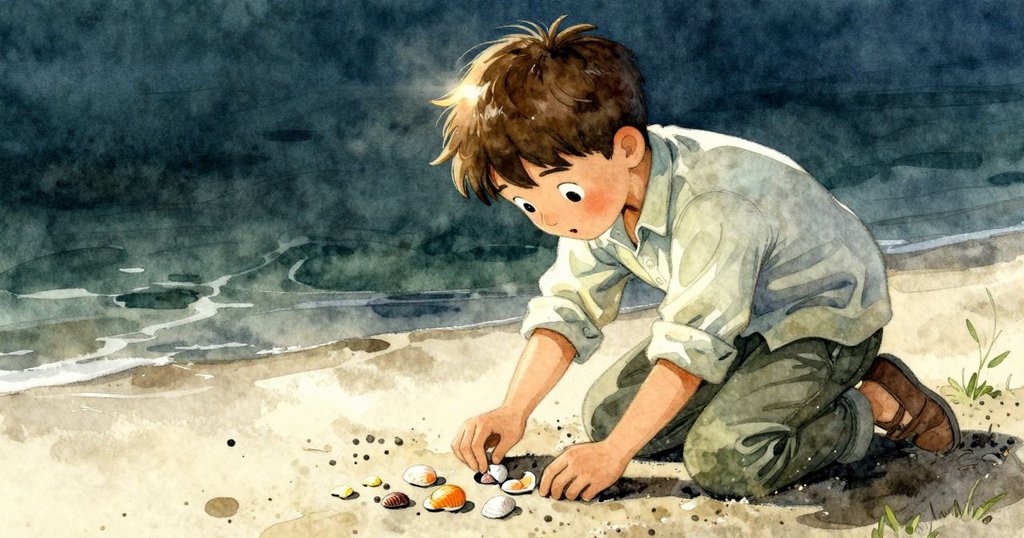 Theo在陽光穿透的濕沙中蹲下細查，尋找隱藏的亮殼，展現出堅定與希望的眼神，背景光影分明。