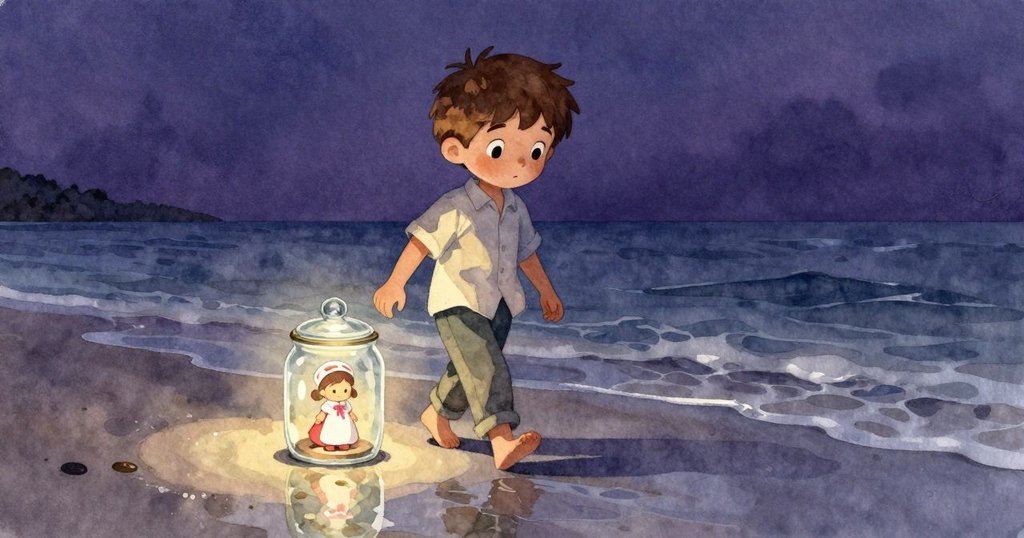 在柔和黃昏中，Theo悄然離去，玻璃罐內的玩具護士在保護蓋下靜靜發光，甲蟲和小蟹環繞，營造出溫馨告別的氛圍。