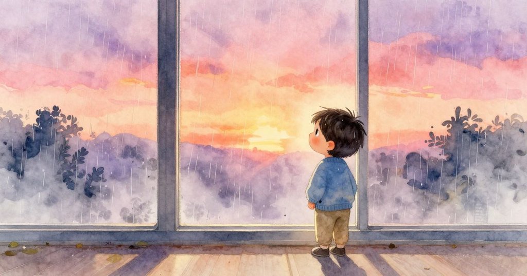 瑞恩站在溫暖室內，看著窗外細雨飄落，臉上帶著驚奇與寧靜，開始新一天的旅程。