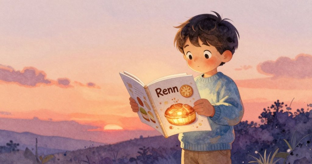 瑞恩專注地打開圖畫書，書中呈現生動的麵包師形象與濕漉漉的色彩，室內燈光溫暖。