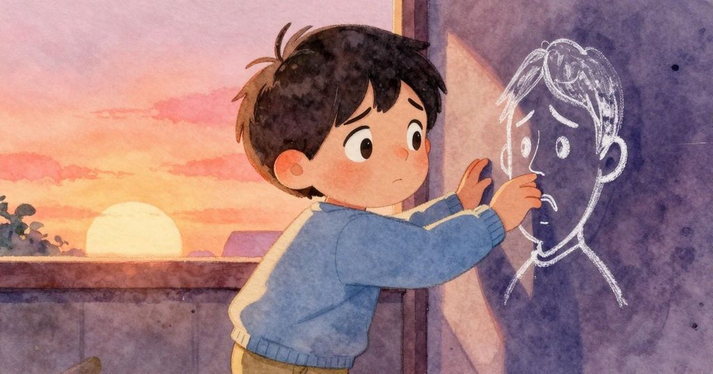 瑞恩與沮喪的粉筆畫像默默對話，用輕柔觸碰傳遞情感，臉上展露出溫柔與理解。