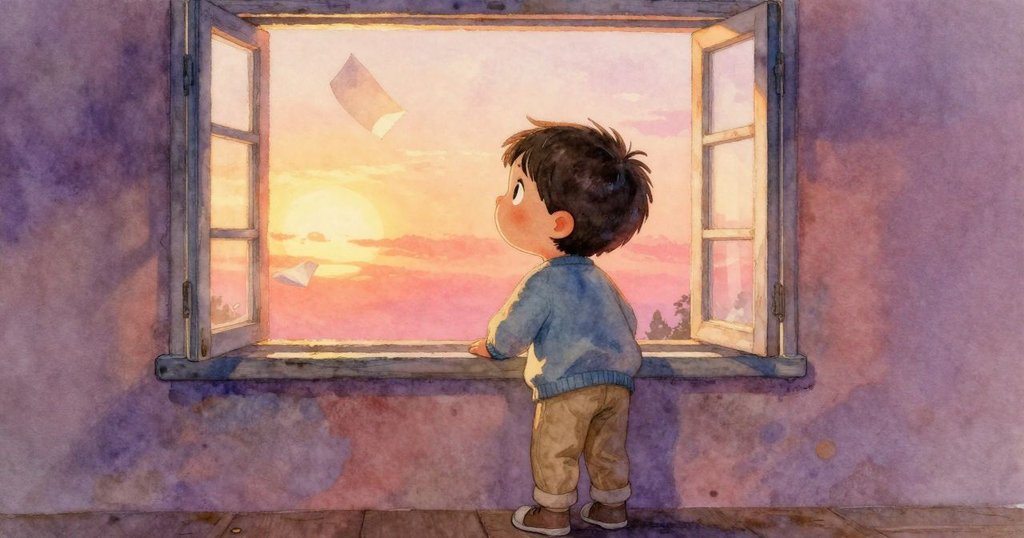 瑞恩站在打開的窗前，望著隨風飛揚的紙張，眼中展現堅定與追尋新契機的期待，光線溫暖。