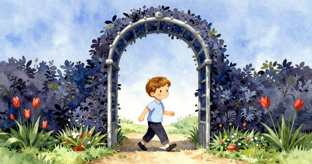 卡勒姆走過花園拱門，背景有暖陽、長椅和池塘，臉上帶著好奇表情，展現故事開端