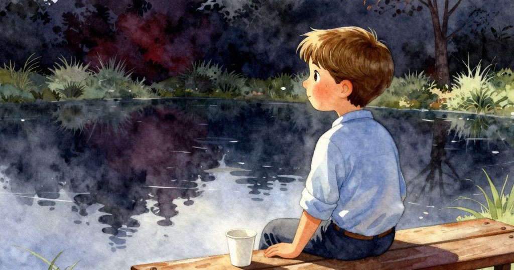 卡勒姆側面望向靜水池，杯子倒映在水面上，光影交錯間展現故事發展