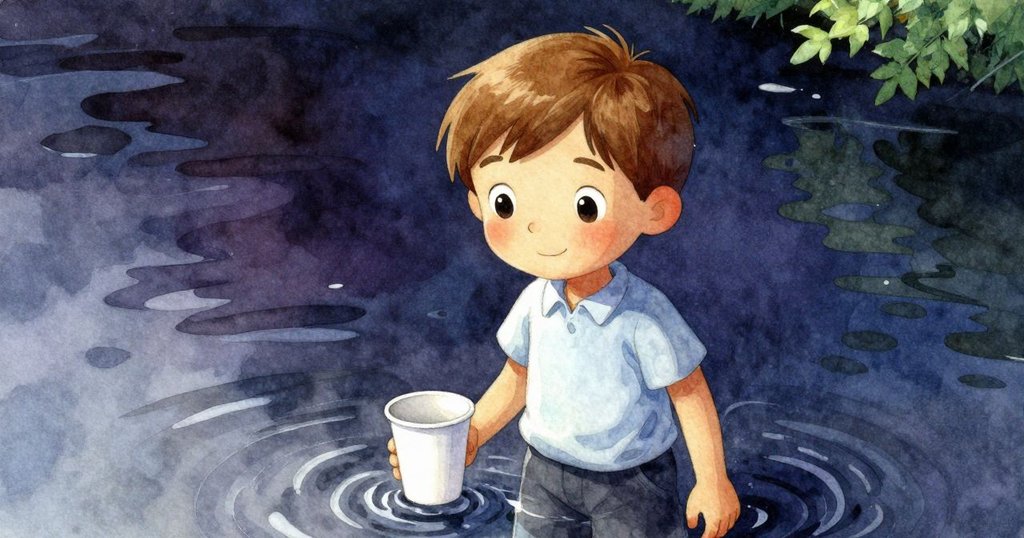 細節近拍杯子半浸水面，陽光使紙杯邊緣部分變成細環，呈現轉變瞬間