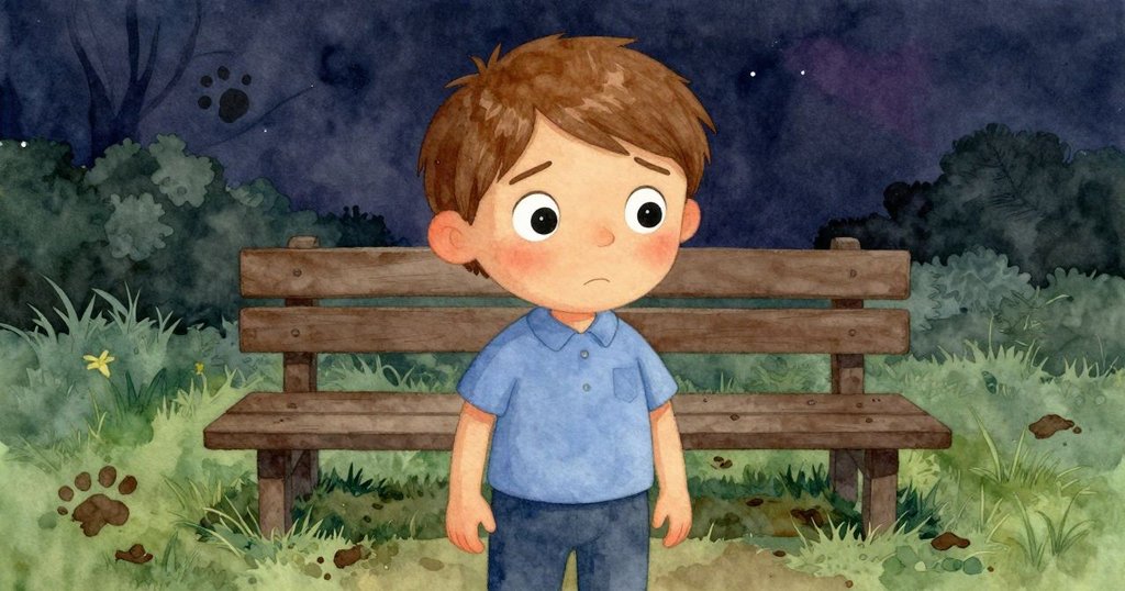 卡勒姆表情轉為擔憂，注意到長椅旁泥跡與遠處求救聲，營造懸疑情境