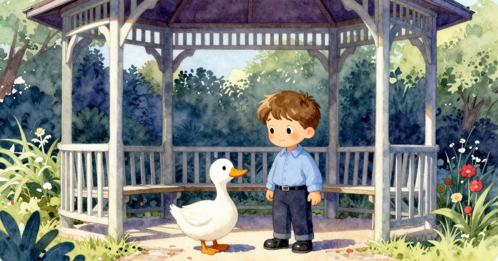 卡勒姆與鴨子在長椅旁重逢，溫暖光線照亮涼亭與木質扶手，展現和諧結尾