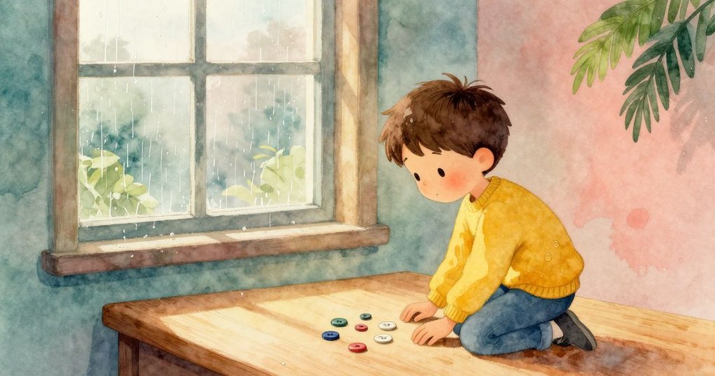 凱倫在木桌前蹲著，看著紅鈕扣，窗外細雨和晨霧交織，空間溫馨且充滿童趣