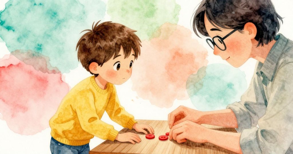 凱倫的雙手輕柔拿起紅鈕扣，桌上散落著其他彩色鈕扣和紙張，細膩光線突顯物件細節