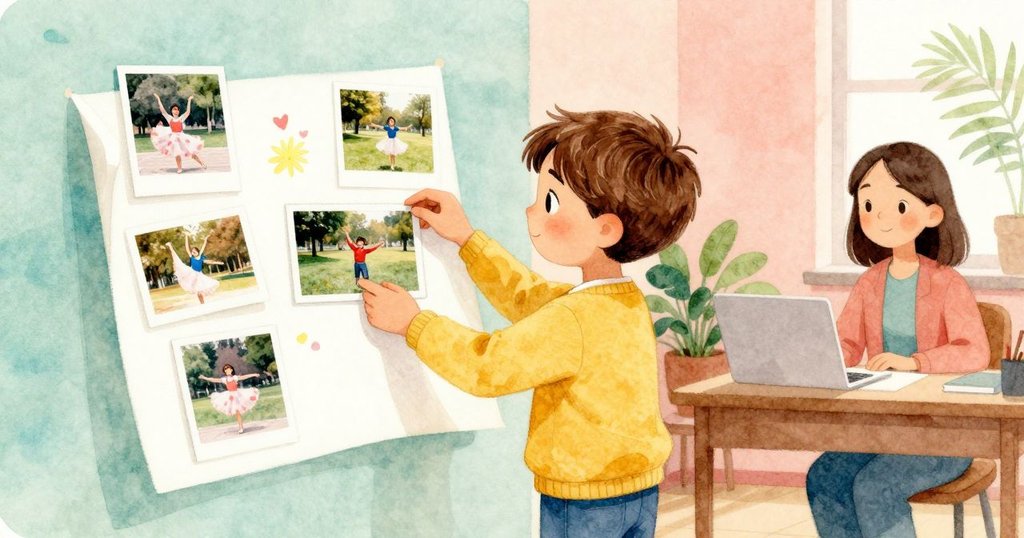 凱倫在房間角落整理公園照片與舞蹈海報，老師在桌後微笑注視，室內光線明亮柔和