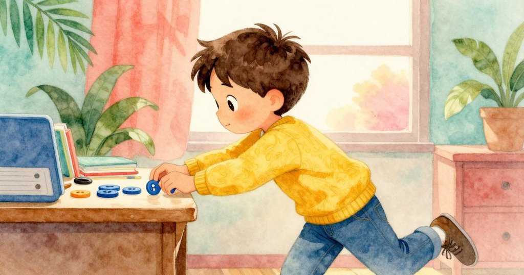 凱倫迅速伸出手指勾回藍鈕扣，臉上專注與活力展現出動感瞬間，桌面物品交錯有序