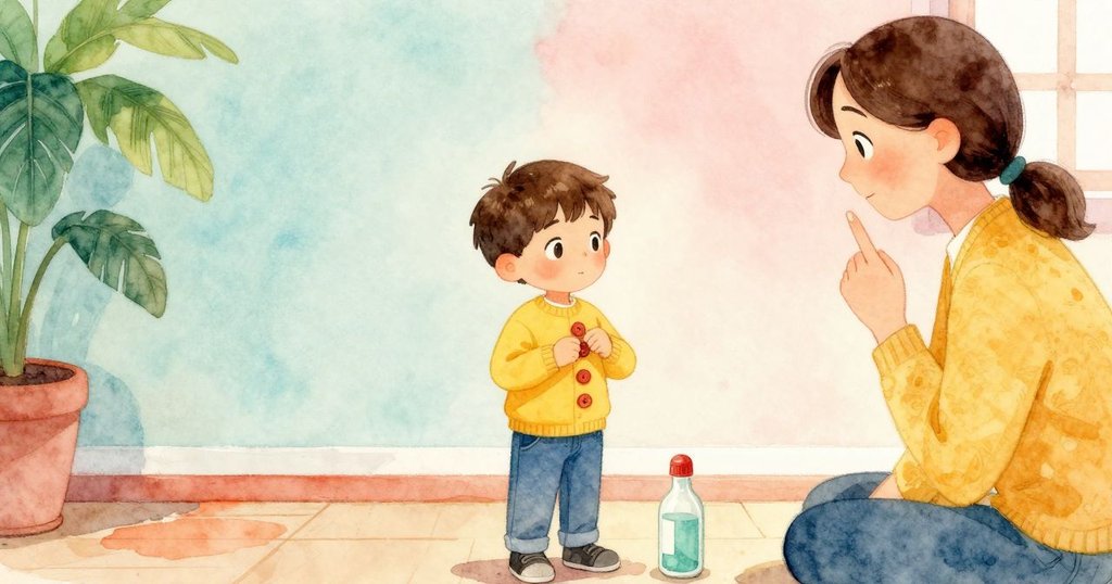 凱倫細心排列四顆明亮鈕扣，瓶子回正立，老師在遠處點頭肯定，整體空間顯得井然有序