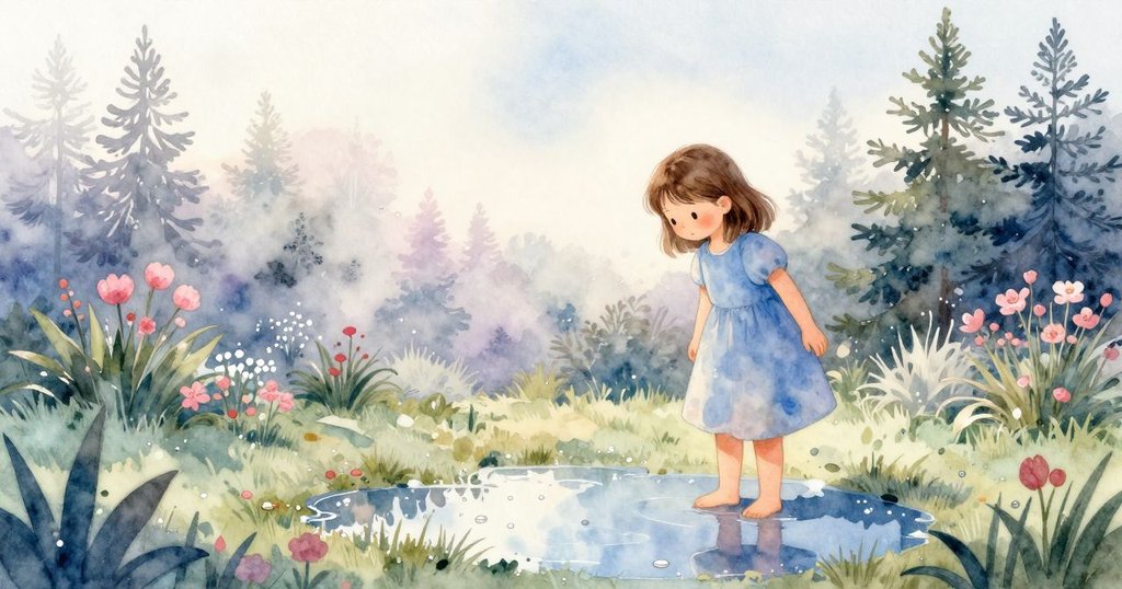 哈蒂在花園中迎著晨曦，微笑看向閃爍露珠的水坑，溫暖光線灑落整個背景，展現出新的一天開始